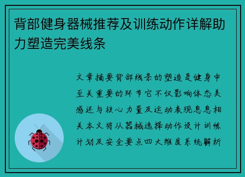 背部健身器械推荐及训练动作详解助力塑造完美线条